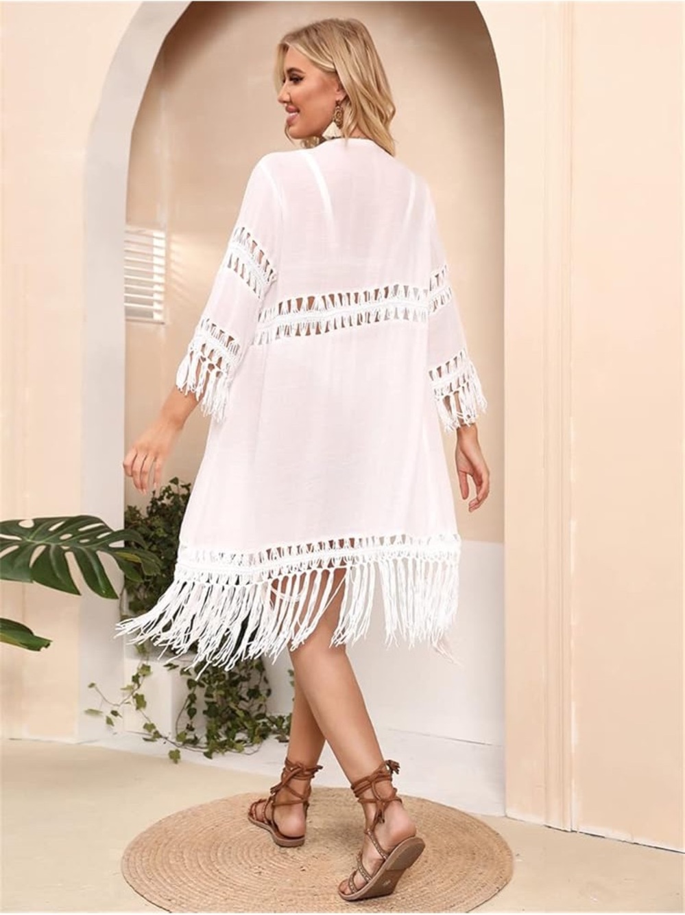 White Fringe Crochet Open Kimono